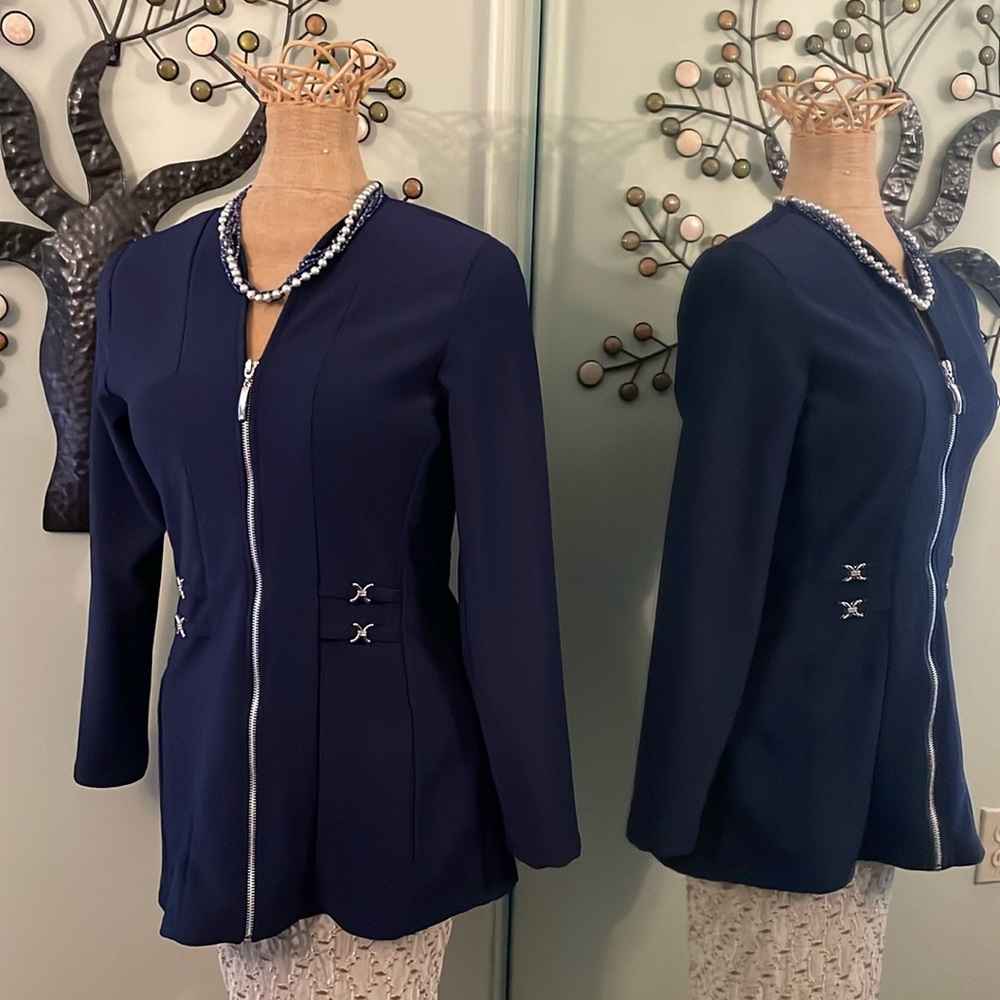 ♥️ True NAVY BLUE Blazer Silver Tone Zip Front Closure Hardware Made in USA